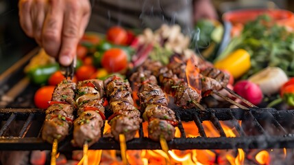 Naklejka premium Grilling Chicken Skewers on a Barbecue Grill. Outdoor BBQ Food