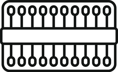 Simple black and white line drawing of a matchbox holding matches, ready to be struck and ignited