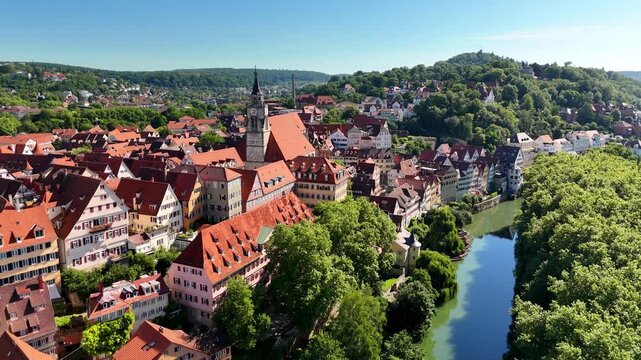 Aerial footage of flight over the Neckar River and old town of the city of T&uuml;bingen in South Germany