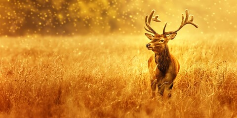 Majestic deer in golden field with sparkling lights in background wildlife concept