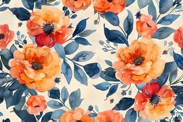 Vibrant Watercolor Floral Pattern with Orange and Blue Hues