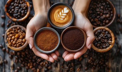 A cup of fragrant hot coffee on textured wood.Hot warming drink. Good morning. Morning concept. View from above. Place to copy.