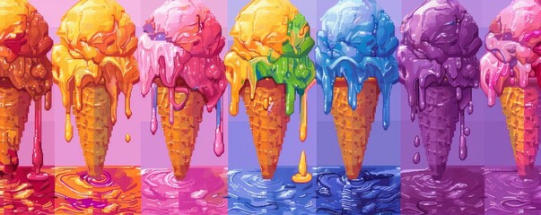Naklejka premium A pixel art rendition of a pixelated ice cream cone dripping with pixelated scoops of ice cream in various vibrant colors.
