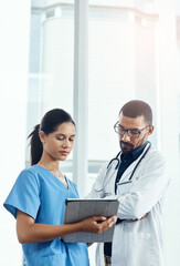 Team, doctor and nurse on tablet for planning, discussion and healthcare in clinic. Tech,...