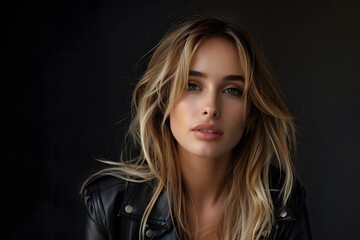 Fototapeta premium Portrait of a Woman with Blonde Hair in a Black Leather Jacket