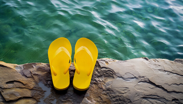 Flip Flops in gelb  am Abgrund, Hintergrund t&uuml;rkisfarbenes Meer  oben und Felsen unten, Freifleche f&uuml;r Text