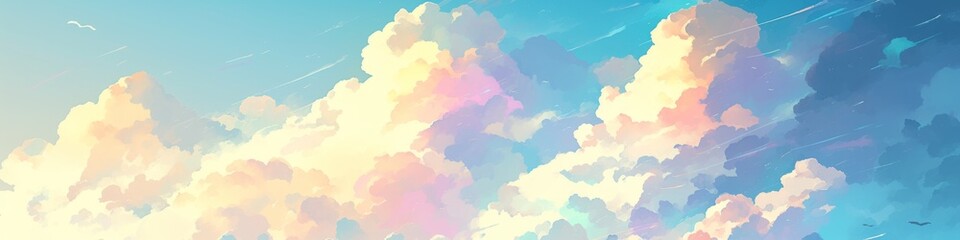 Abstract Minimalist Art Wallpaper Featuring a Dreamy Sky Panorama with Beautiful Natural Landscape. Romantic Blue Sky with Soft Fluffy Pink Clouds in Watercolor Anime Style Illustration. Serene and Co