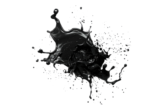 Photo of black ink splash isolated on transparent background