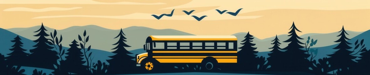 School bus arriving at school, kids excited, flat design illustration, ,