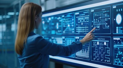 A professional woman interacting with data analytics on a large digital screen in a modern office environment.