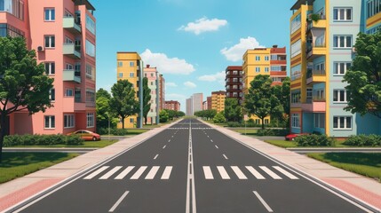 Obraz premium Modern city street with colorful apartment buildings, green trees, and blue sky with white clouds, featuring pedestrian crosswalks.