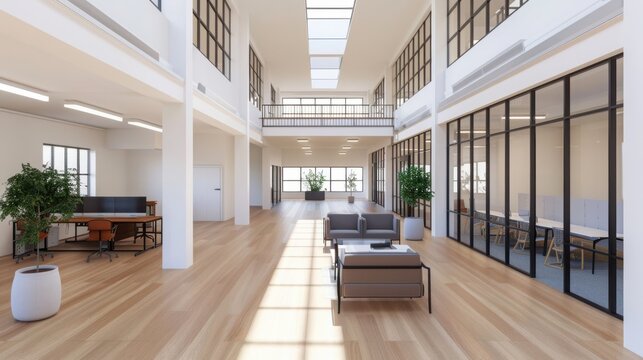 Modern open office space with natural light, high ceilings, and stylish minimalistic furniture creating a spacious and productive work environment.