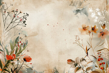 watercolor background featuring autumnal flowers and leaves in retro colors, with a central area for text. This design combines a nostalgic and seasonal feel, perfect for invitations, announcements