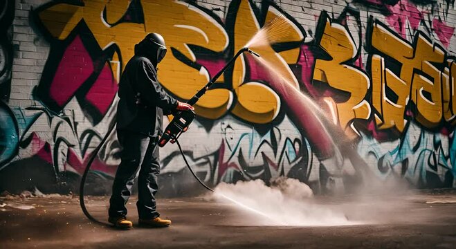 Cleaner cleaning graffiti with water. Graffiti cleaner.