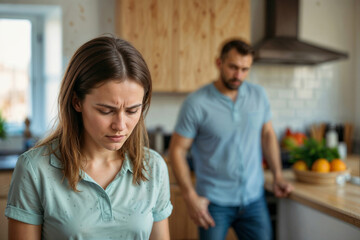 Angry woman and stressed man are standing in a kitchen. The woman is upset , family problems, conflict