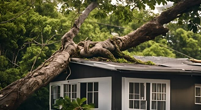 Broken tree on top of a house.