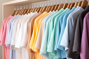 Fototapeta premium Colorful shirts on hangers in wardrobe, closeup. Fashionable clothes