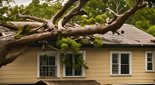 Broken tree on top of a house.