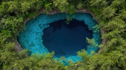 Obraz premium A stunning aerial view of a deep, eye-shaped blue sinkhole in crystal-clear water, surrounded by lush greenery, A lone swimmer is floating in the center of the sinkhole, creating a sense of scale and