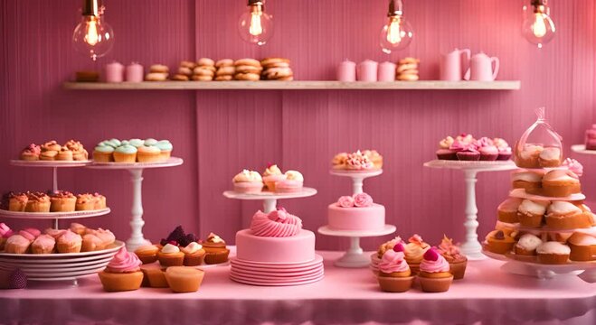 Interior of a pink pastry shop.