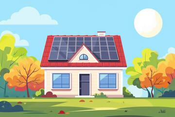 Naklejka premium House with solar panels on the roof for clean energy, sustainable living concept, solar energy technology.