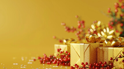 Christmas gifts, Yellow background Ideal for displaying copy space images.