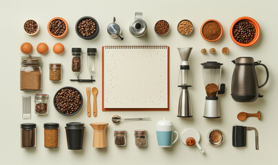 Ingredients for making coffee. Different ways to make coffee geyser moka maker,turkish coffee pots (cezve). Coffee making concept with milk, cinnamon and star anise. Flat Lay. Top view. Copy space