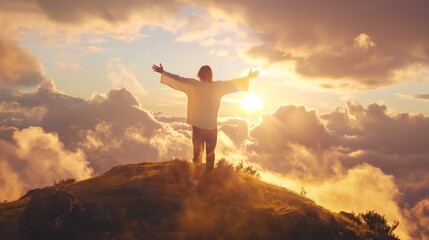 cinematic photographs of a young man lifting up his arms high with gratitude toward heaven