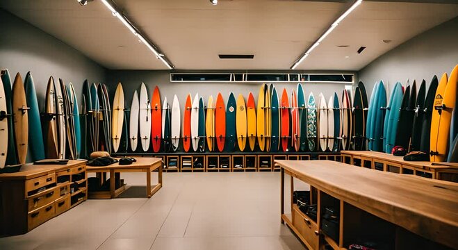 Interior of a surfboard shop.