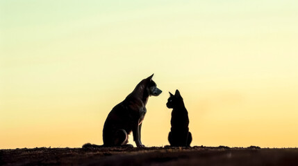 Dog and cat silhouette sitting together at sunset