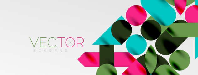 Mosaic geometric elements. Colorful circles, round geometric shapes and lines with shadow 3d effects. Simple forms abstract background for wallpaper, banner, template or landing