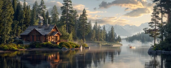 Tranquil lakeside cabin surrounded by towering pine trees, 4K hyperrealistic photo