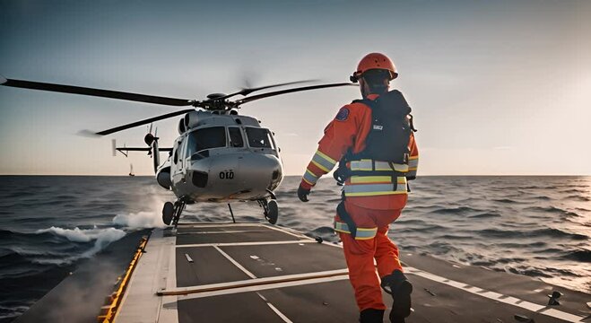 Rescue helicopter at sea. Rescue team.