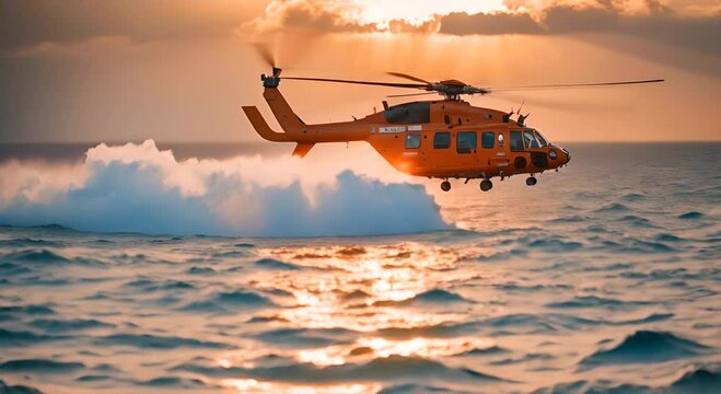Rescue helicopter at sea. Rescue team.