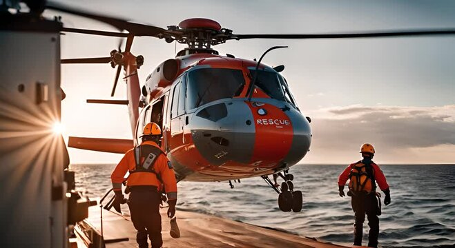 Rescue helicopter at sea. Rescue team.