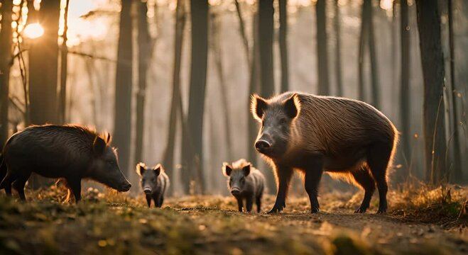 Wild boar family in the forest.