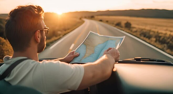 Driver looking at a map in the car. Road Trip.