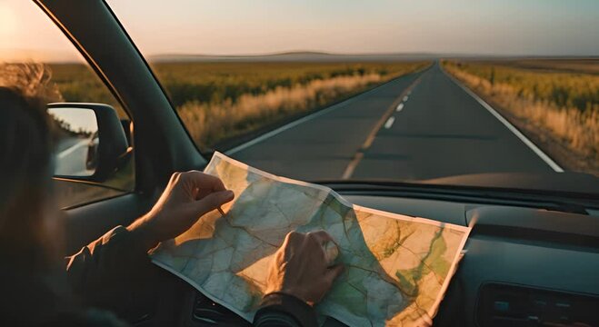 Driver looking at a map in the car. Road Trip.