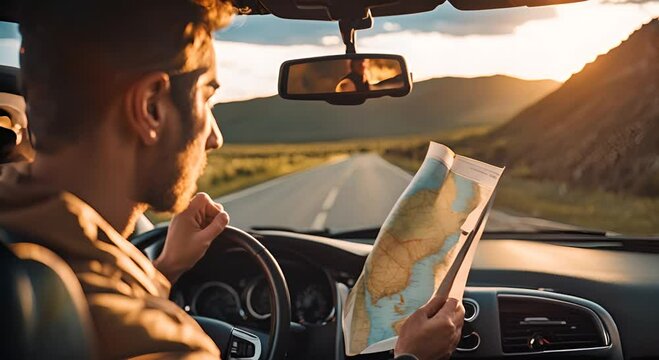 Driver looking at a map in the car. Road Trip.
