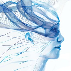 Obraz premium A woman's face is surrounded by a network of blue lines and nodes, The lines are flowing and dynamic, suggesting the flow of information or energy