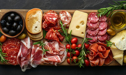 Delicacy. Sausage, cheese, olives, jamon, cherry tomatoes, rosemary and bruschetta on a wooden cutting board. Snacks. Tasty food. View from above