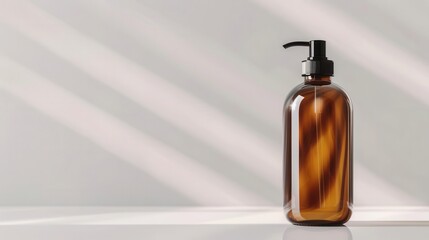Minimalistic amber glass pump bottle against a light background with diagonal shadows, ideal for cosmetic and skincare product presentation.