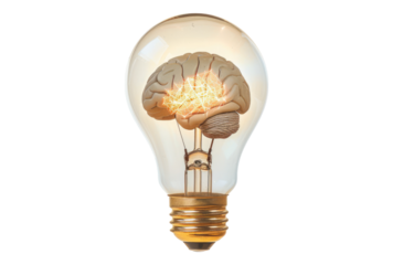 Photo of brain inside a light bulb glowing isolated on transparent background