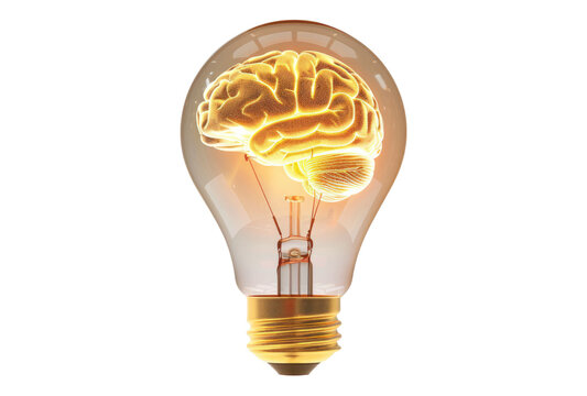 Photo of brain inside a light bulb glowing isolated on transparent background