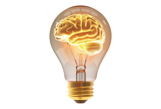 Photo of brain inside a light bulb glowing isolated on transparent background - Powered by Adobe