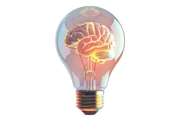 Photo of brain inside a light bulb glowing isolated on transparent background