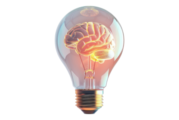 Photo of brain inside a light bulb glowing isolated on transparent background