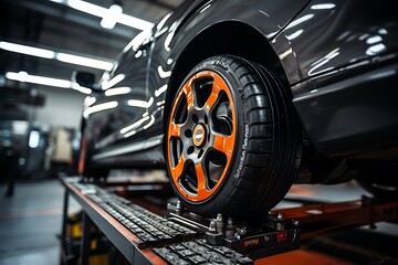 Obraz premium Car wheel and brake disc on the car service. Auto service industry.