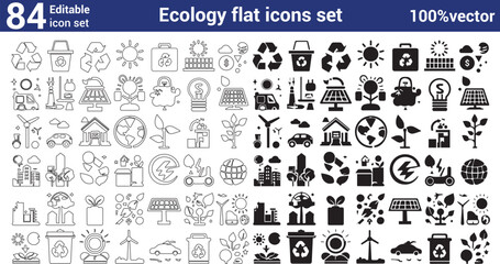 Flat icon set for ecology. Icons for recycling, the environment, solar, wind, and electric vehicles, among other things. Collection of flat icons