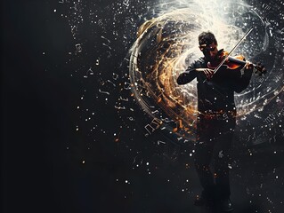 Obraz premium Passionate Violinist Performing Amid Swirling Musical Notes in Dramatic Backdrop